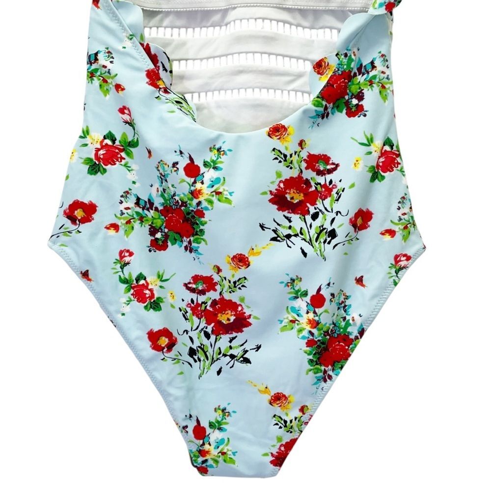 NWT Cupshe Light Blue And Red Floral Halter One-Piece Swimsuit Size Medium New - Picture 10 of 16